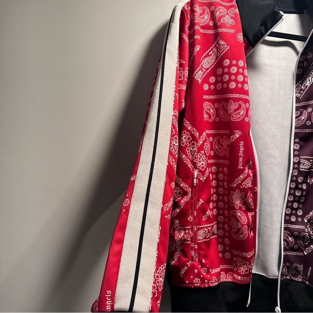 Palm Angels Bandana Track Jacket Zip Up Maroon & Red, Striped Sleeves XL Unisex - Picture 7 of 16